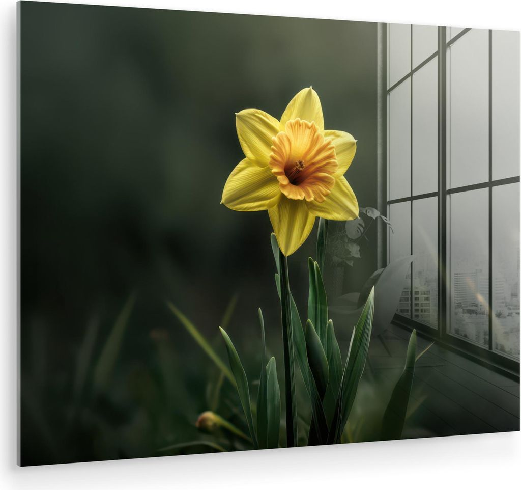 MuchoWow Glasbilder - Bilder auf Wandbild - Foto auf Glas Blume - Narzisse - Gras - Gelb 40x30 cm Wanddekoration aus Glas - Acrylglasbild - Acrylbi...