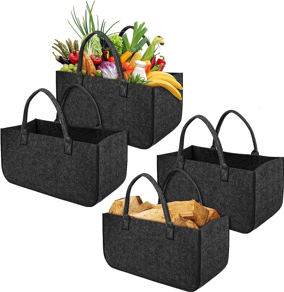 Filztaschen 4 Stück Kaminholztasche Filz, Faltbar Groß Kaminholzkorb Filztasche Shopper für Holz Zeitungen Kaminholz Filztasche - Anthrazit CEEDIR