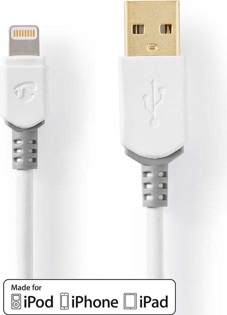 Nedis Lightning Kabel - USB 2.0 - Apple Lightning 8-Pin - USB-A Stecker - 480 Mbps - Vergoldet - 2.00 m - Rund - PVC - Grau / Weiss - Box