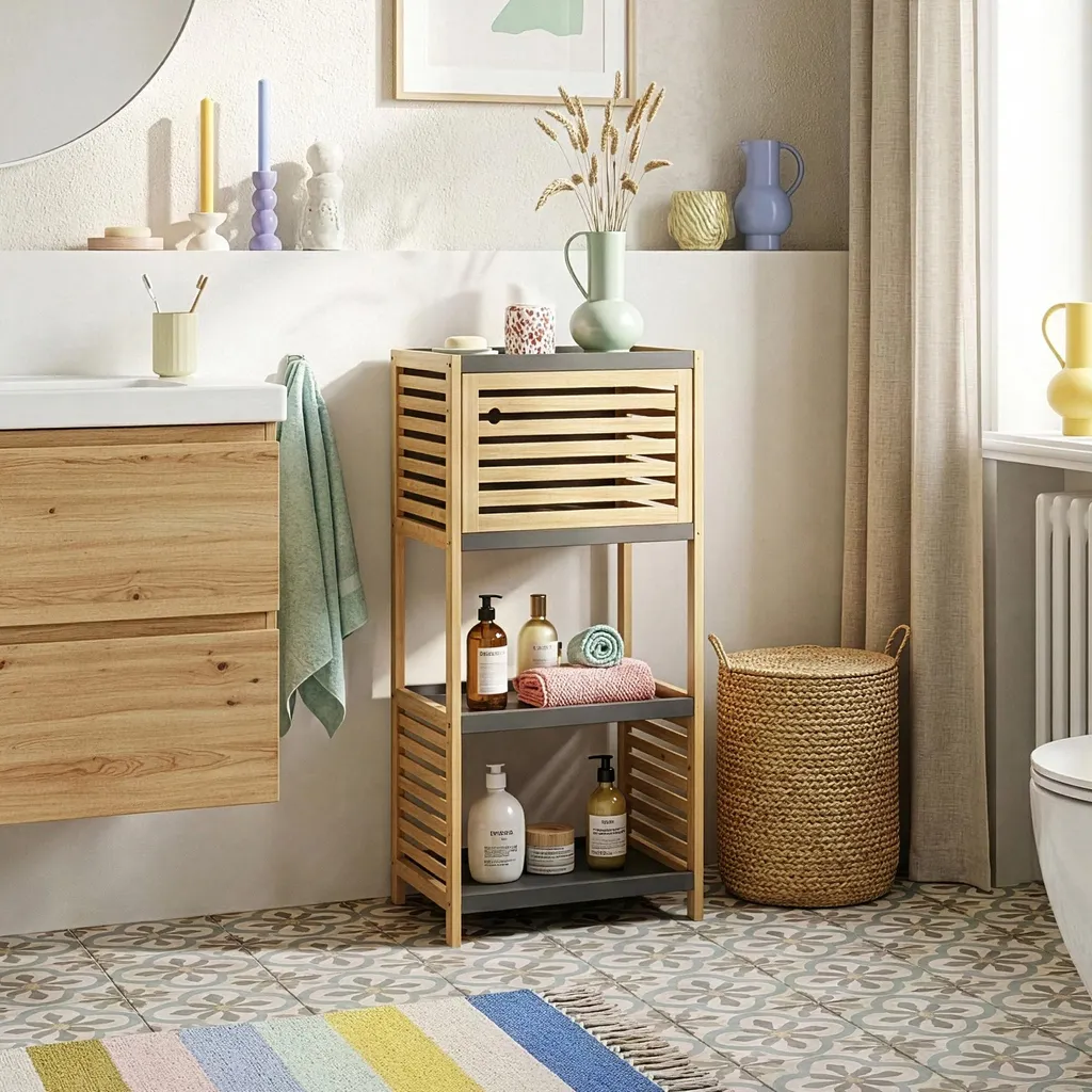 Étagère salle de bain Kydesby en bambou 83x39x30 cm avec porte grise
