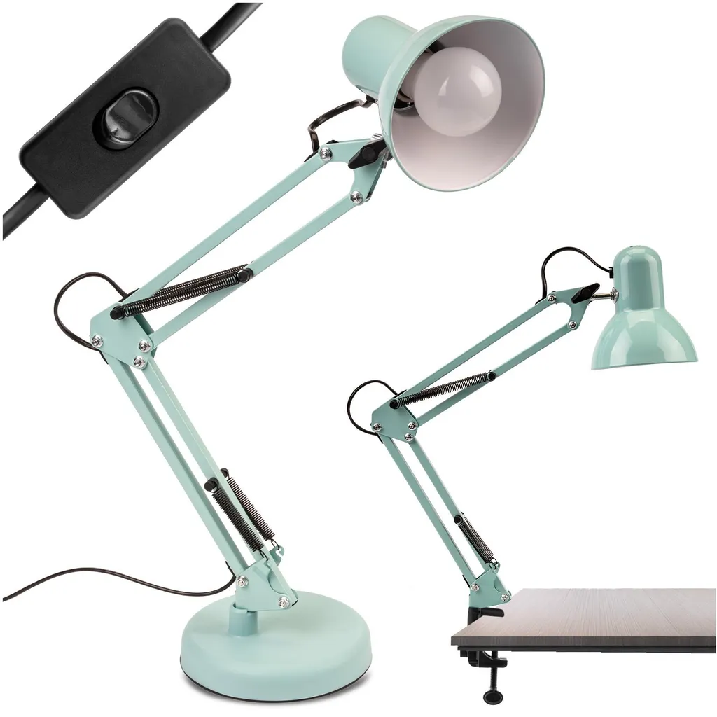 Gagnez de la place avec cette lampe de bureau à pince métal bleu pastel E27