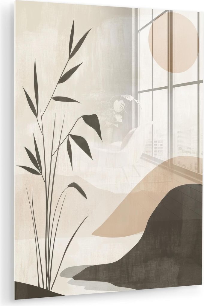 MuchoWow Glasbilder - Bilder auf Wandbild - Foto auf Glas Japandi - Landschaft - Beige 30x40 cm Wanddekoration aus Glas - Acrylglasbild - Acrylbild...