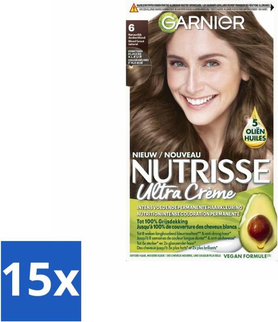 Garnier – Nutrisse Ultra Cream 6 – Haarfarbe – Natürliches Dunkelblond – Intensiv pflegend – Permanente Farbe - Vorteilspack - 15 Stücke