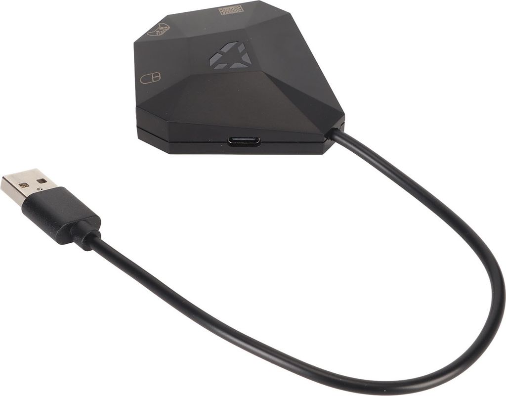 A black USB adapter with a cable is shown against a white background.