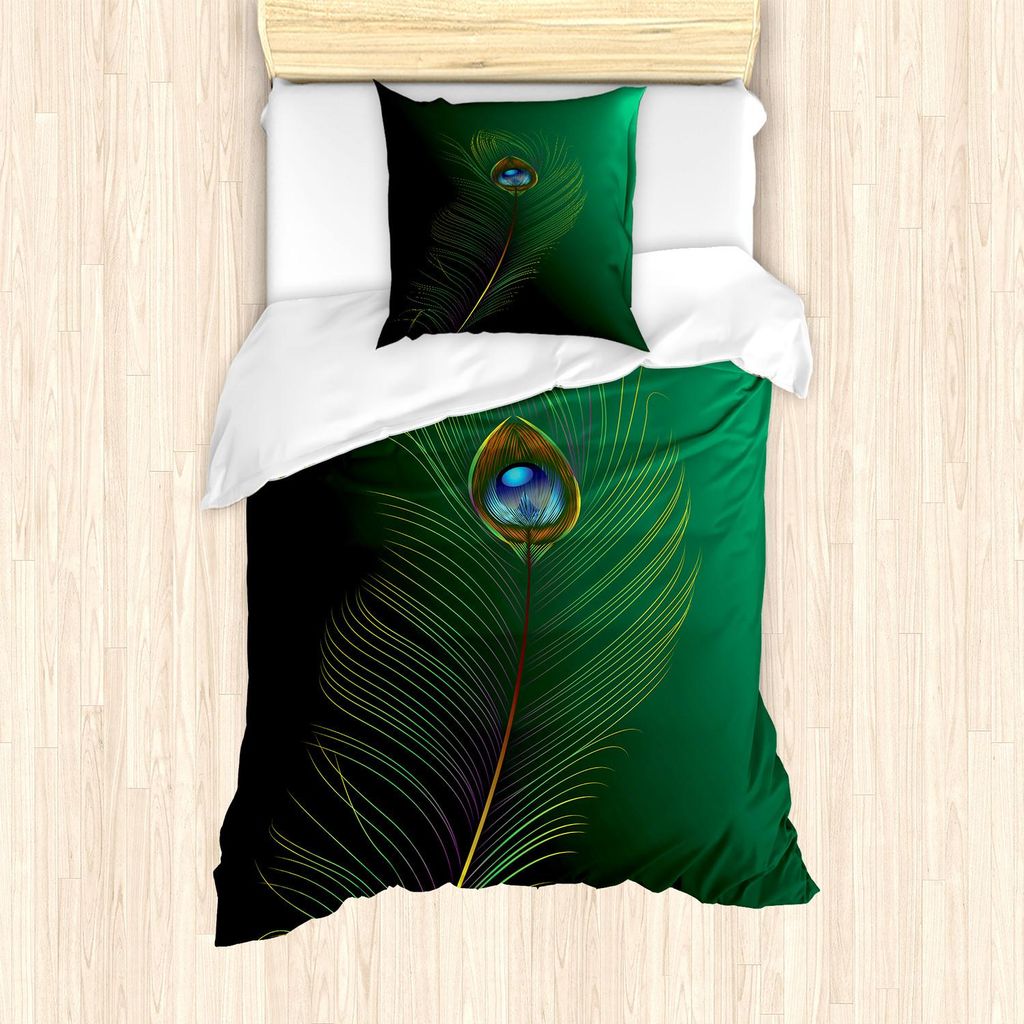 ABAKUHAUS Pfau Bettbezug Set, Pfau Feder Illustration Im Vereinfachten Künstlerischen Art Wilden Natur Leben Druck, 135 x 200 cm + 80 x 80 cm, Gr...