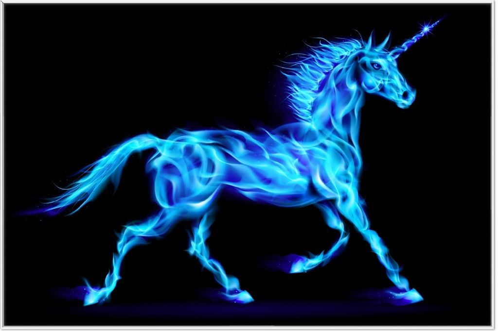 Wallario Wandbild Design Einhorn - aus blauen Flammen, Größe: 61 x 91,50 cm, Poster mit weißem Aluminiumrahmen