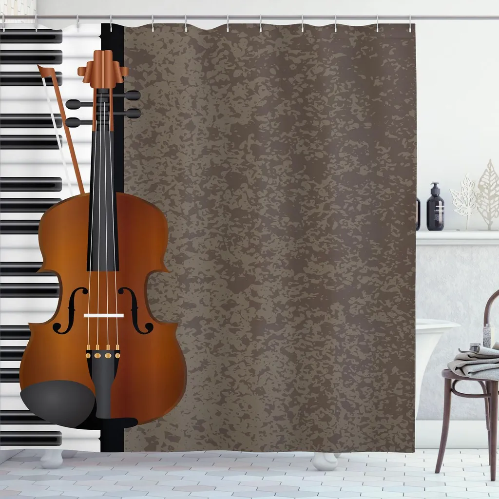 ABAKUHAUS Musica Tenda da Doccia, Note colorate Composizione, Tessuto Set di Decorazioni per il Bagno con Ganci, 175 x 200 cm, Giallo Rosa