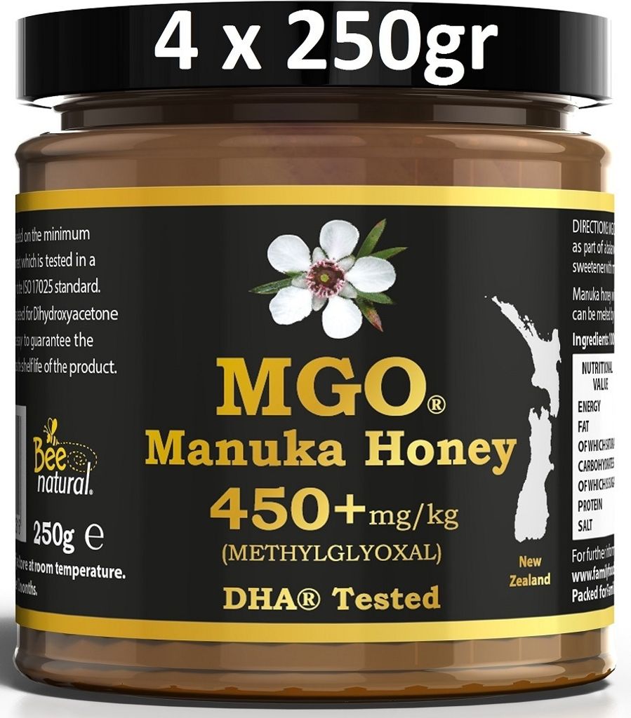 BEE NATURAL MGO 450+ PREMIUM MONOFLORAL NEUSEELAND MANUKA HONIG IN EINEM UMWELTFREUNDLICHEN ECHTGLASGEFÄß AUS NICHT GEFÄRBTEM GLAS * 1000G (4x 2...