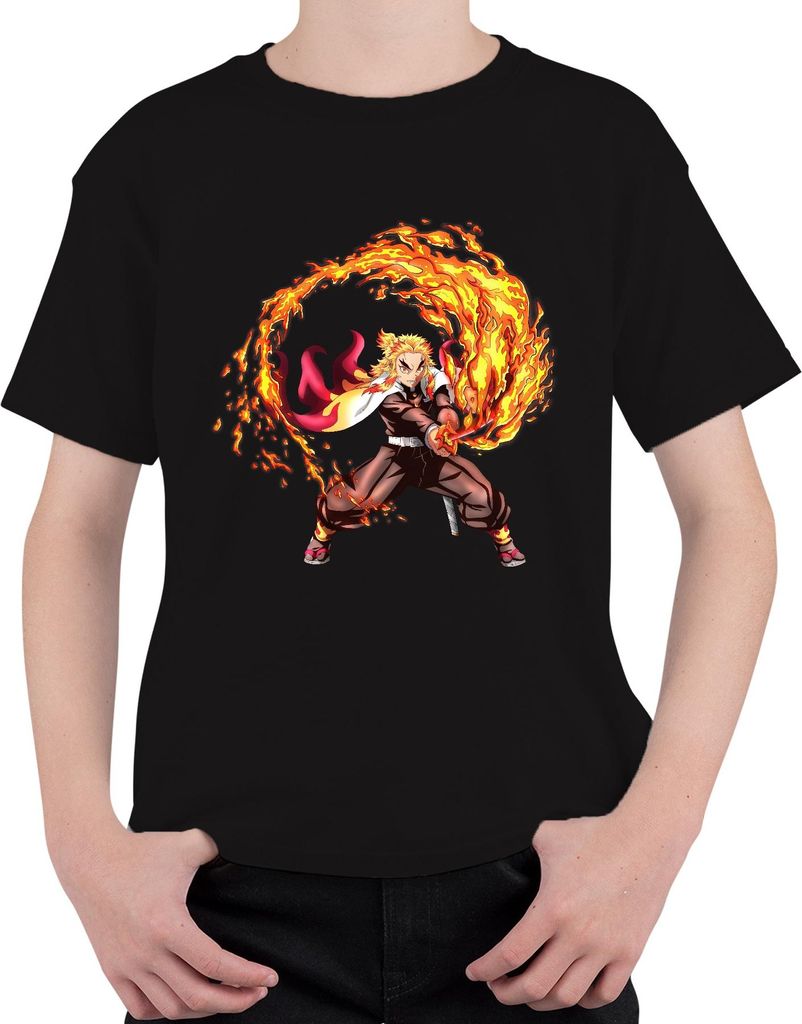 Rengoku Flammen Hashira Anime Kampf Samurai Geschenk Uni Kinder T-Shirt, Schwarz, 116