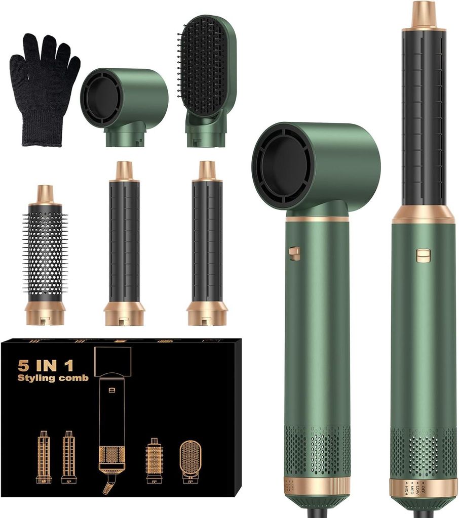5 in 1 Haarstyler Airstyler mit Föhn, Luft Lockenstab, Glättbürste und Warmluftbürste, Ionen Technologie, 3 Temperaturstufen für Locken Volumen