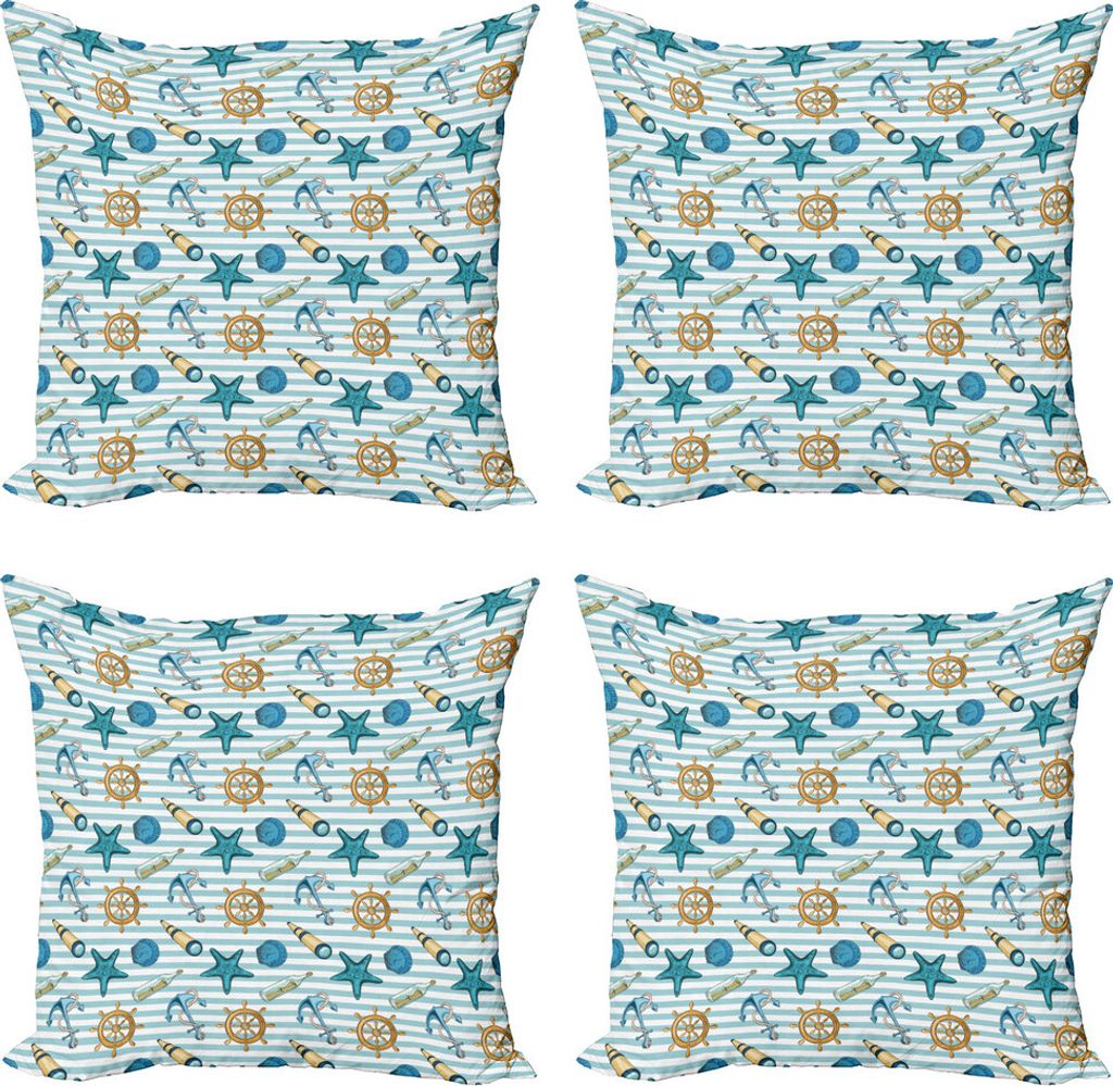 ABAKUHAUS Nautisch Kissenbezug Set (4 Stück), Ankerrad Seestern, Moderner Doppelseitiger Digitaldruck, 60 cm x 60 cm, Blau und Aprikose