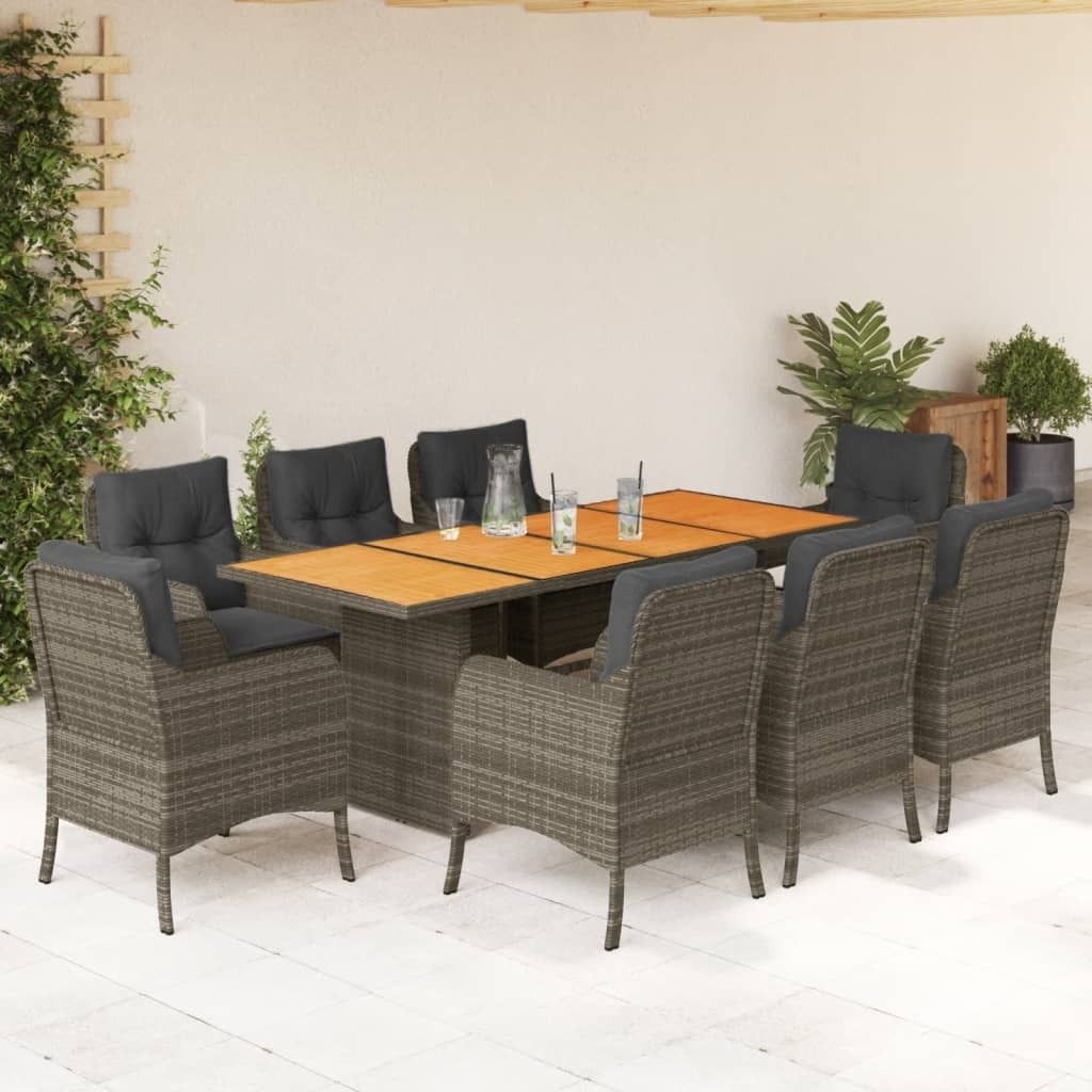Grau 9-tlg. Garten-Essgruppe mit Kissen Grau Poly Rattan ,Design 2024 Neu