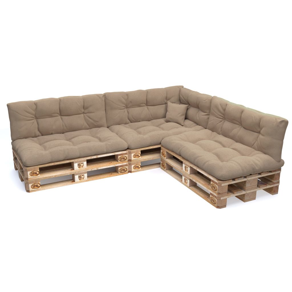 A sectional sofa made of wooden pallets with beige cushions, shown against a white background.
