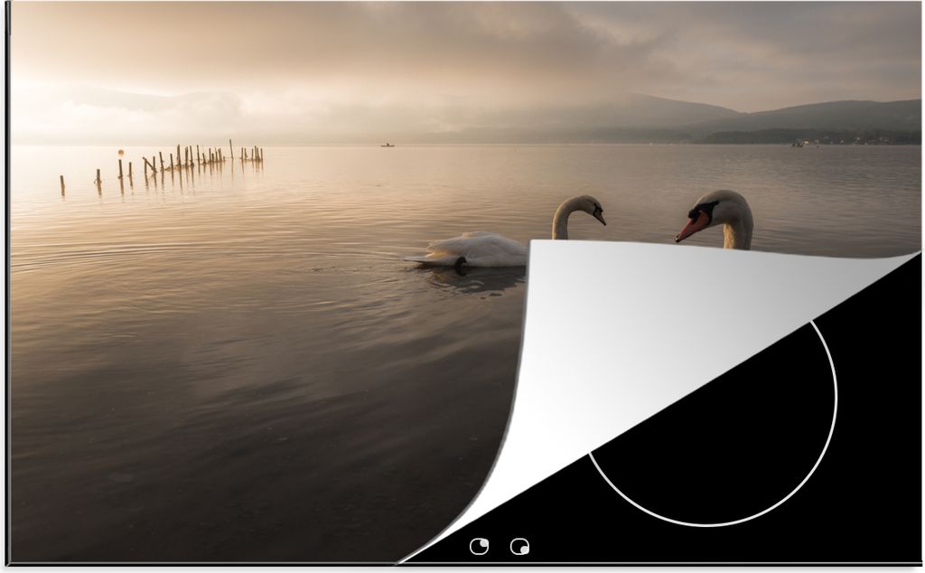 KitchenYeah Herdabdeckplatte Schwäne - Vogel - Wasser , 78x52cm, Küche Deko, Glaskeramikkochfeld Herdabdeckung, Abdeckplatte fùr Kochfeld