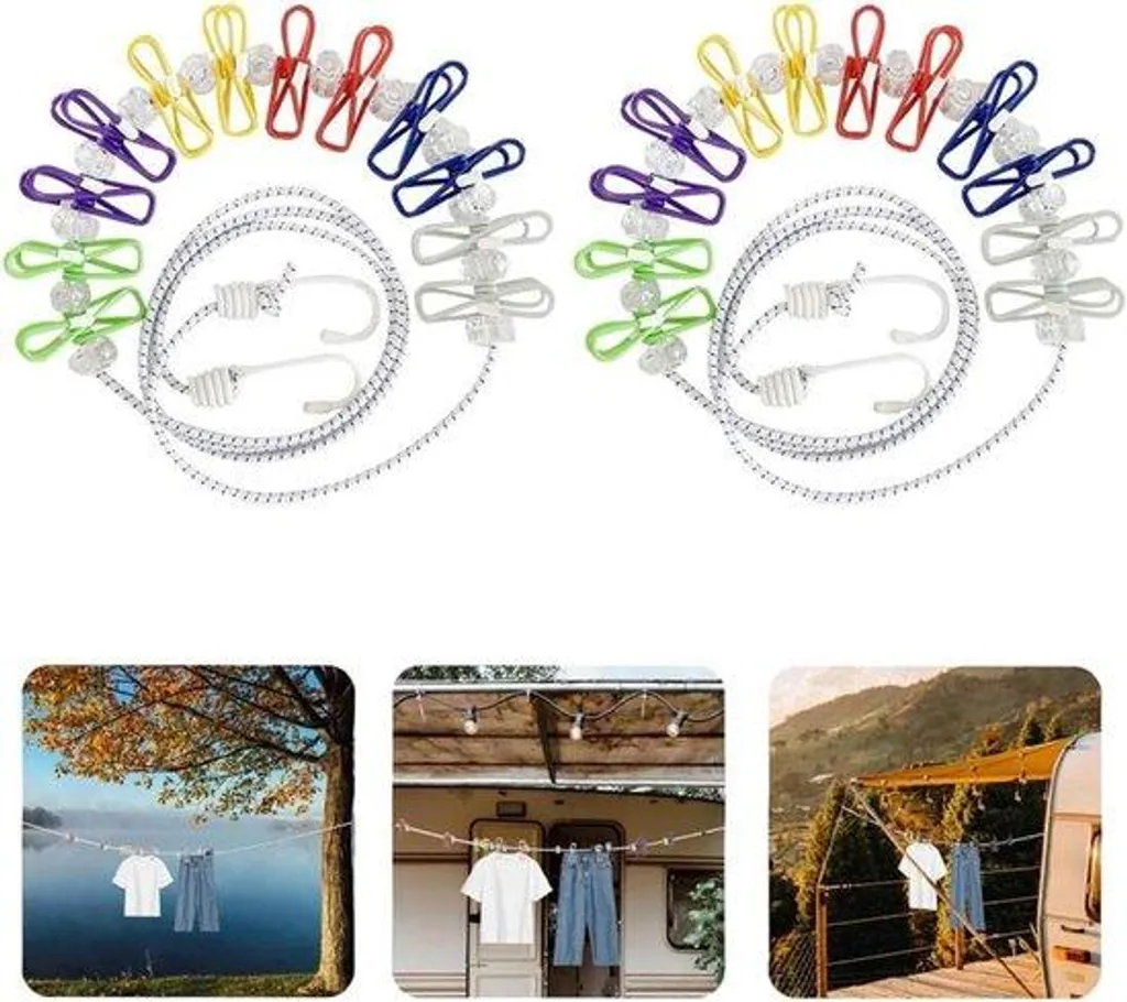 Corde à linge élastique portable pour camping et extérieur - 2 pièces