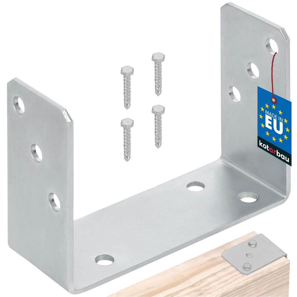 A U-shaped metal bracket and screws are shown against a white background, with a small wooden piece at the bottom right to demonstrate its use.