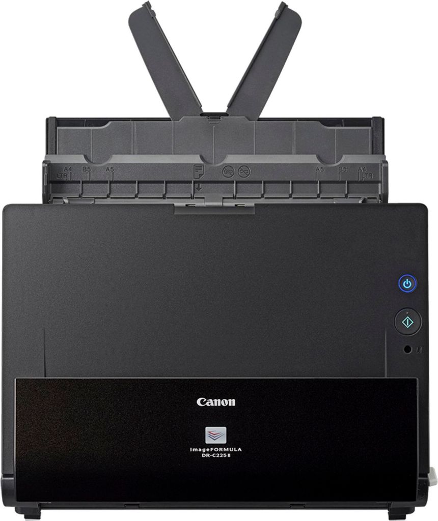 A black Canon imageFORMULA DR-C225II scanner is shown from the front.