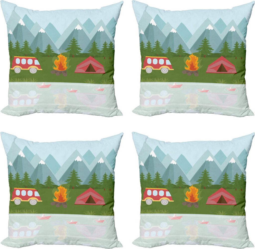 ABAKUHAUS Wohnmobil Kissenbezug Set (4 Stück), Cartoon Caravan Tent, Moderner Doppelseitiger Digitaldruck, 40 cm x 40 cm, Mehrfarbig