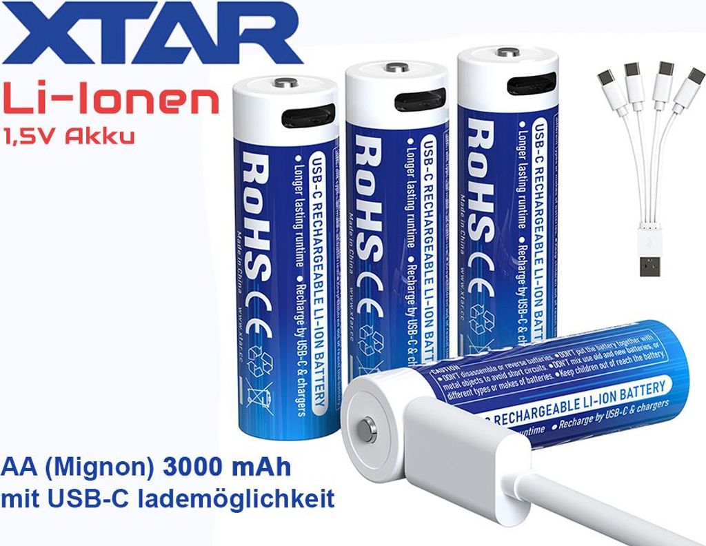 XTAR, 4x AA 1,5V Li-Ionen Akku 3000mAh – USB-C – mit gleichmäßig sinkender Spannung, mit integrierter Ladeelektronik, innovativ und zuverlässig