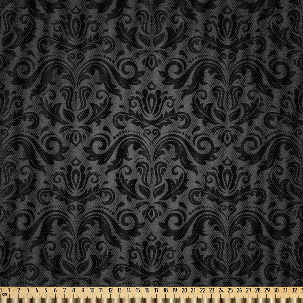 ABAKUHAUS Dunkelgrau Microfaser Stoff als Meterware , Schwarzer Damast Arabesque und florale Elemente orientalische antike Ornament Vintage, 2 M (2...