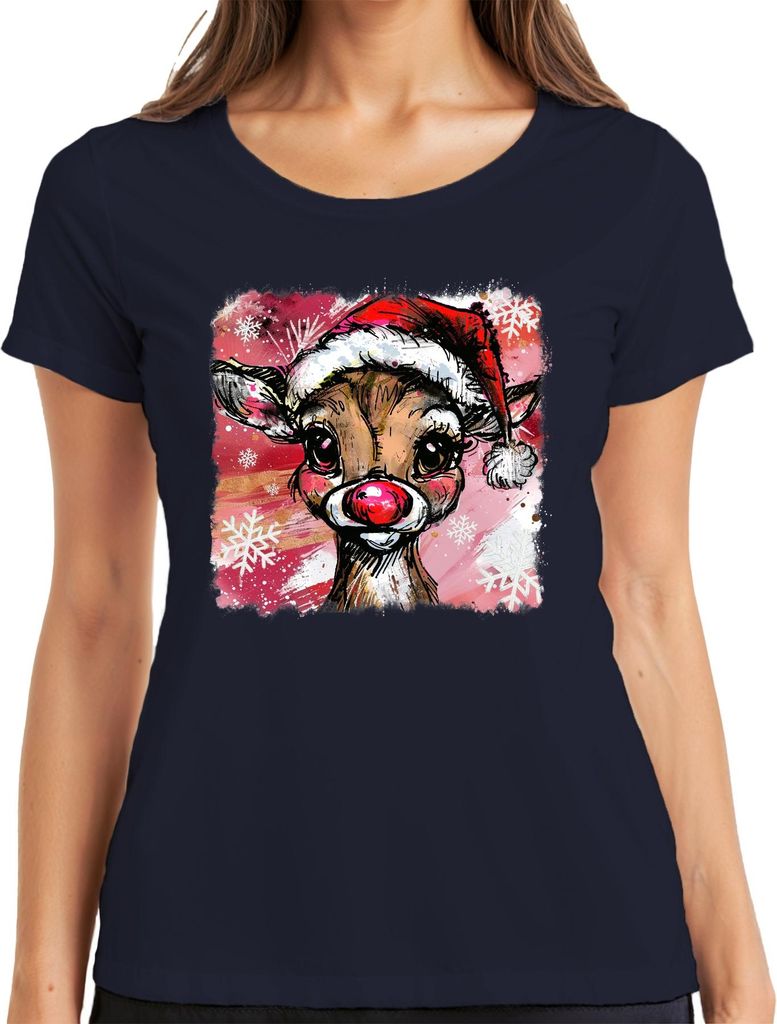 Rudolph Weihnachtsrentier rote Nase Weihnachten niedlich Retro Damen T-Shirt, Navy, 3XL