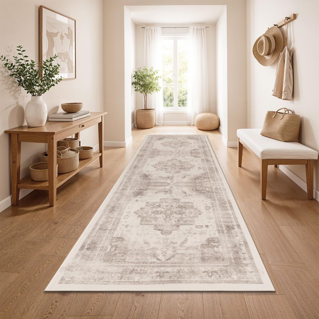 Vintage Boho moderner Wohnzimmerteppich Kurzflor waschbar rutschfest Beige Grösse 80x150 cm