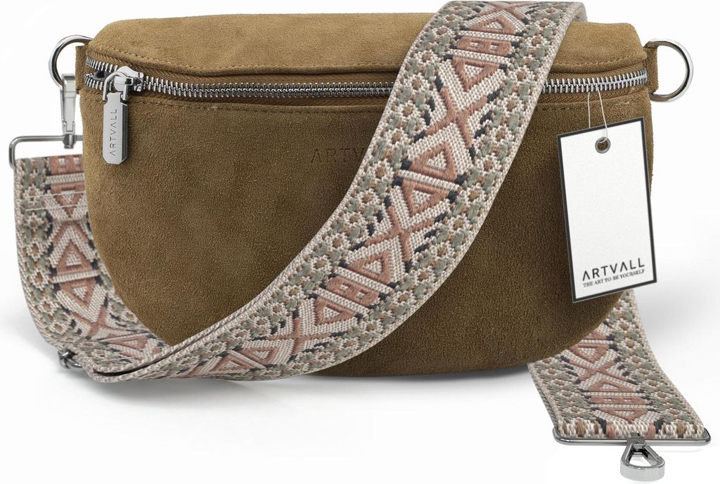 ARTVALL - Umhängetasche aus Wildleder, Klein mit verstellbarem Schultergurt, abnehmbares Taschenband, Crossbody Bag in Hellbraun