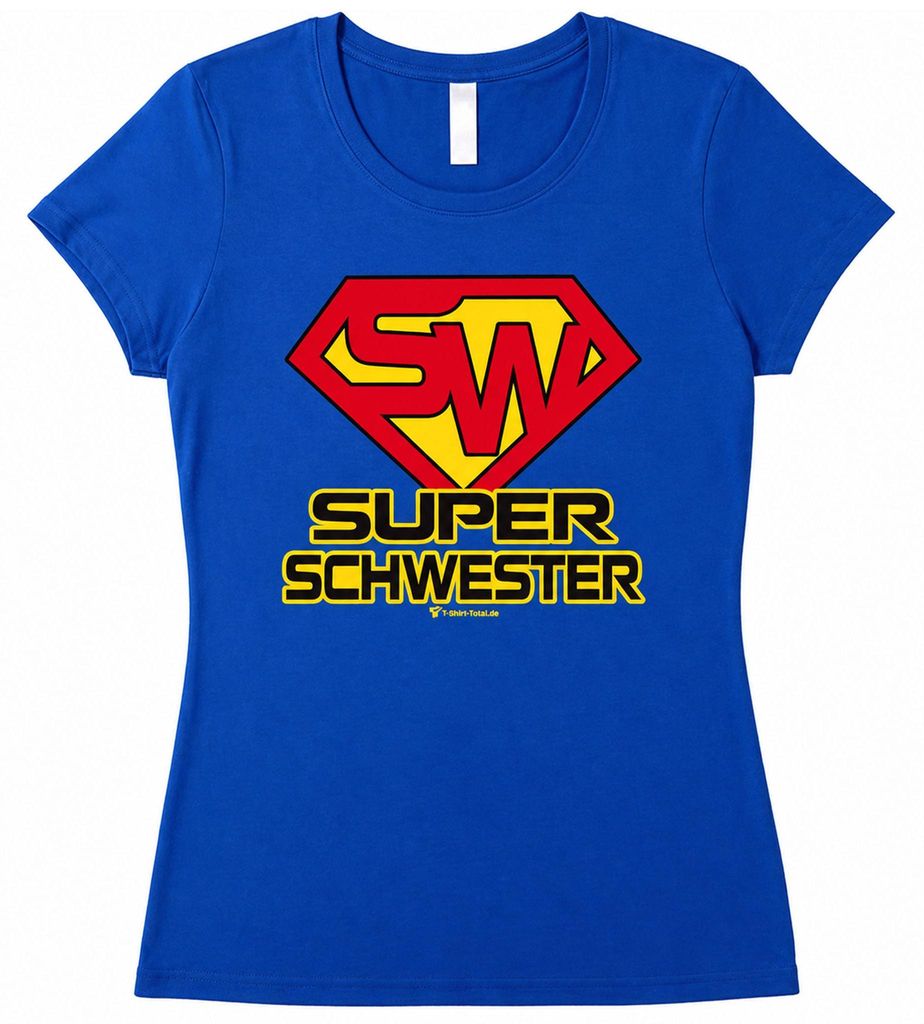Blaues Damen T-Shirt mit Super Schwester Aufdruck vor weißem Hintergrund.
