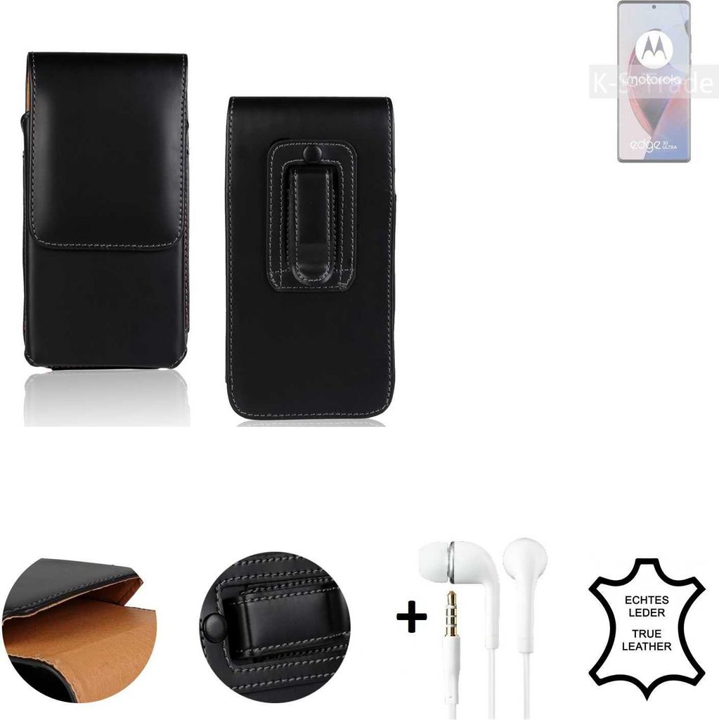 K-S-Trade Leder Gürteltasche + Kopfhörer kompatibel mit Motorola Edge 30 Ultra Seitentasche Belt pouch Holster Handyhülle Schutz Hülle Etui