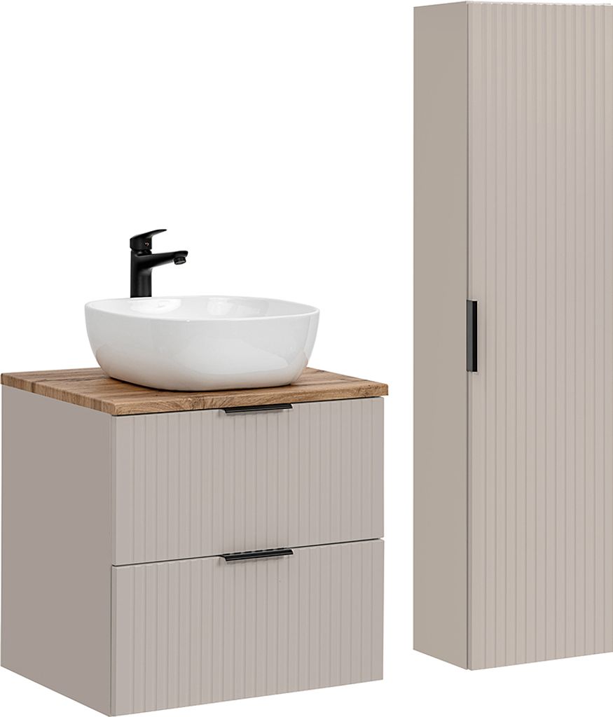 A bathroom vanity and cabinet set against a white background.