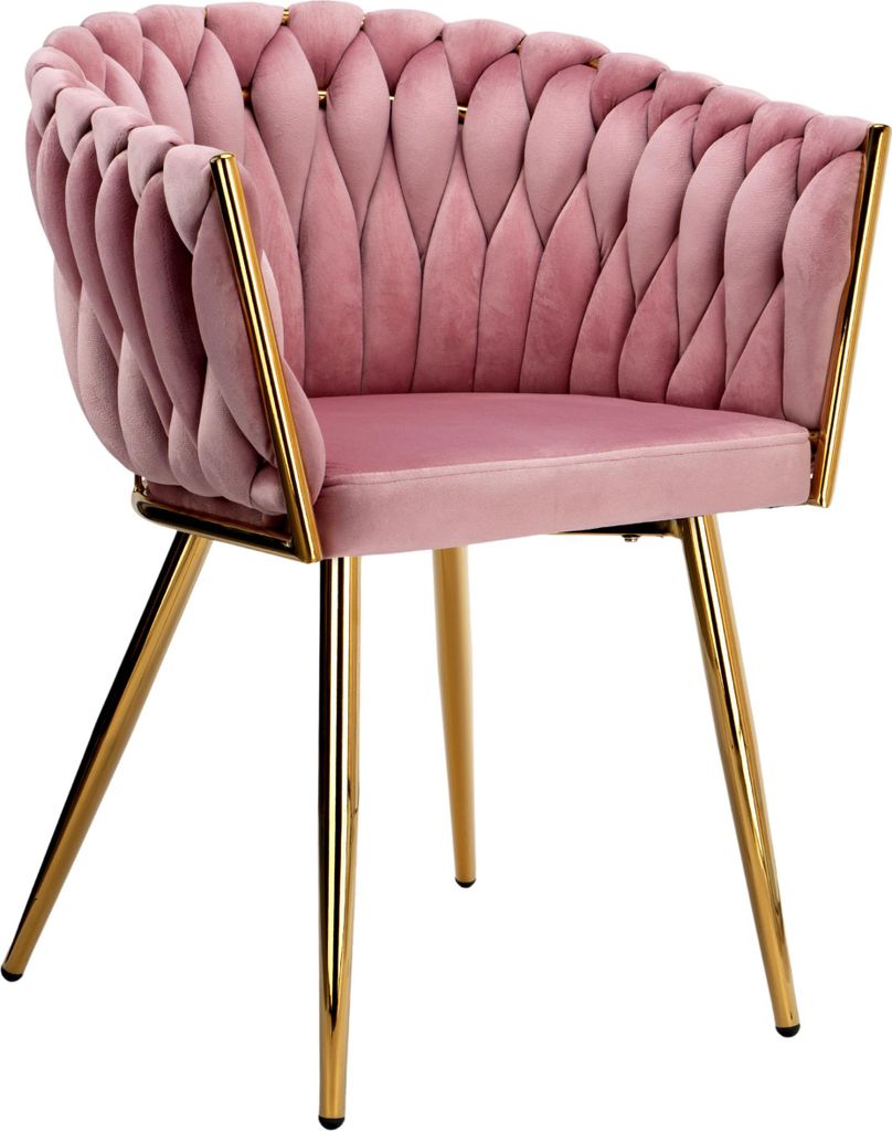 A pink velvet armchair with gold legs, presented against a white background.