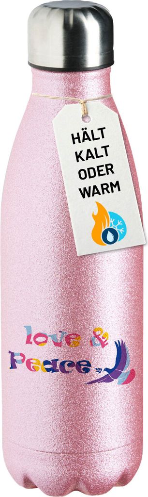 Huuraa Trinkflasche Love & Peace 500ml Pink Edelstahl Wasserflasche Trinkflasche Geschenkidee