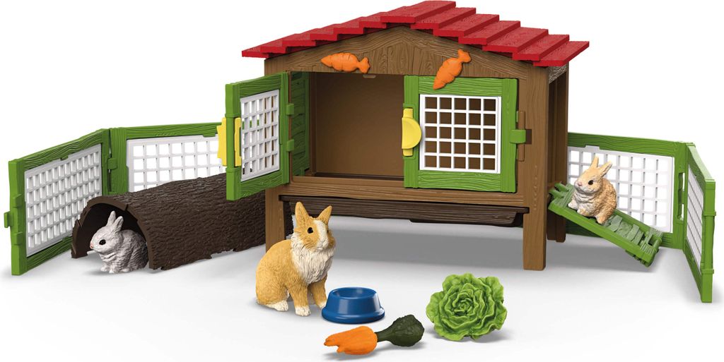 schleich FARM WORLD | Kaninchenstall 42728 | Set aus 3 Kaninchen, mit Stall, Futter und vielem Zubehör | detaillierte Tierfiguren | Bauernhof Spie...