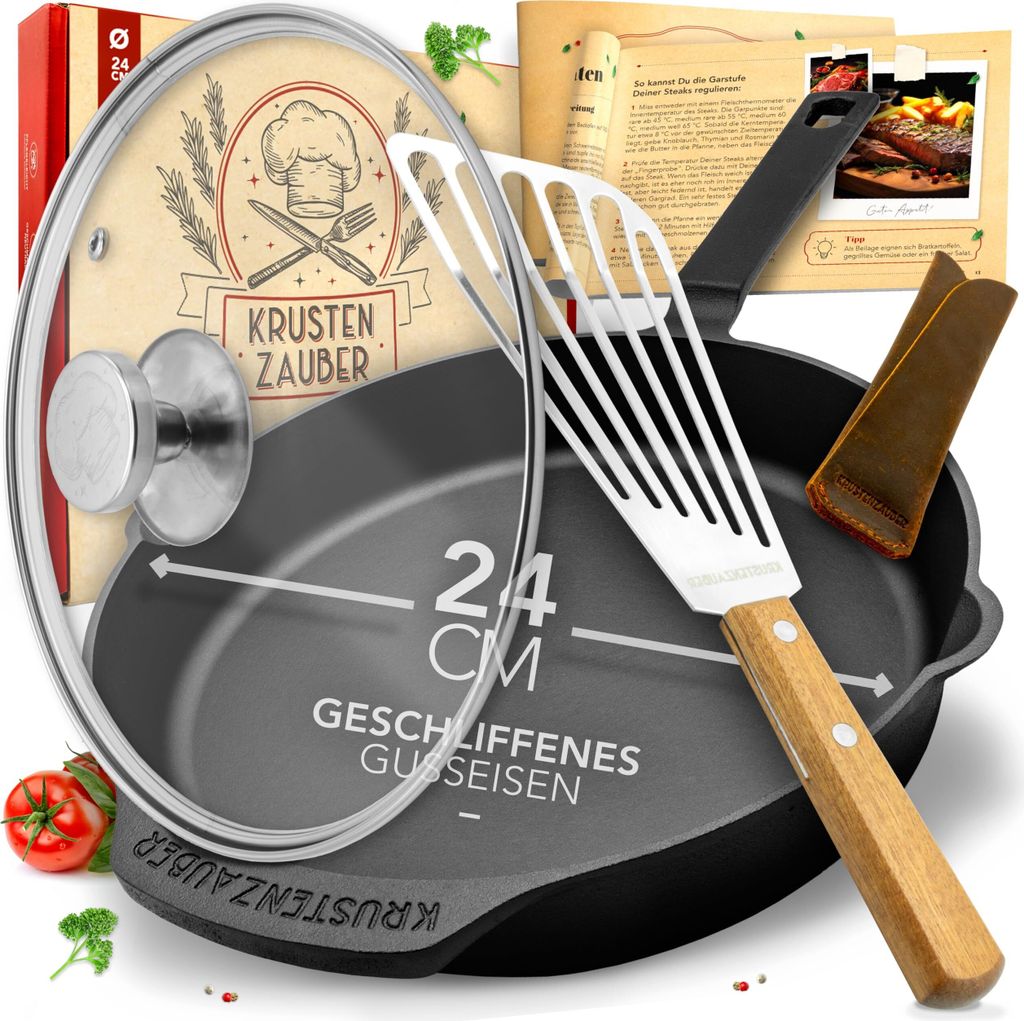 KRUSTENZAUBER 24cm Gusseisenpfanne Induktion Set - Fein Geschliffene Gusseisen Pfanne - Ideale Grillpfanne Induktion, Eisenpfanne, Cast Iron Pan, B...