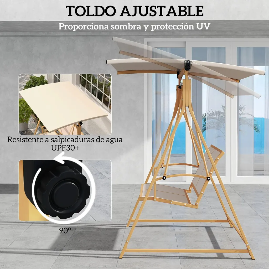 Balançoire Hollywood 2 places en métal kaki avec pare-soleil réglable
