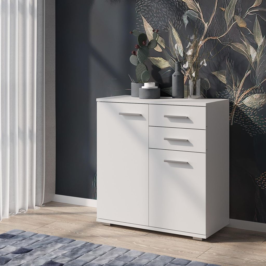 Kommode FAUSKE - 2 Schubladen - 2 Türen - Weiß - Breite 69 cm, Höhe 74 cm, Tiefe 34 cm