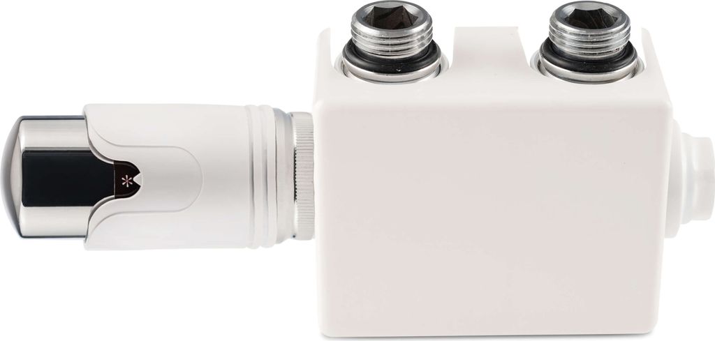 A white radiator valve and thermostat head on a white background.