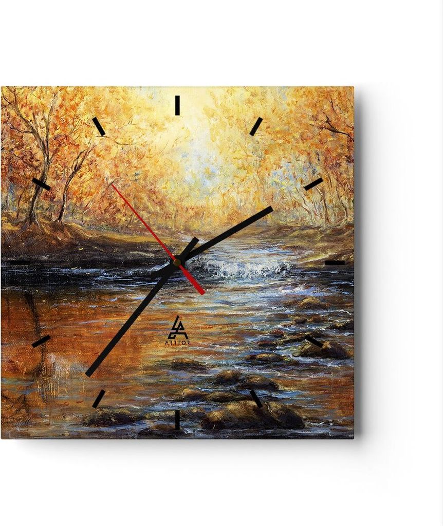 Wanduhr - Quadrat - Glasuhr - Bach Park Baum - 30x30cm - Schleichendes Uhrwerk - Lautlos - zum Aufhängen bereit - Dekoration Modern - Wanddekorati...