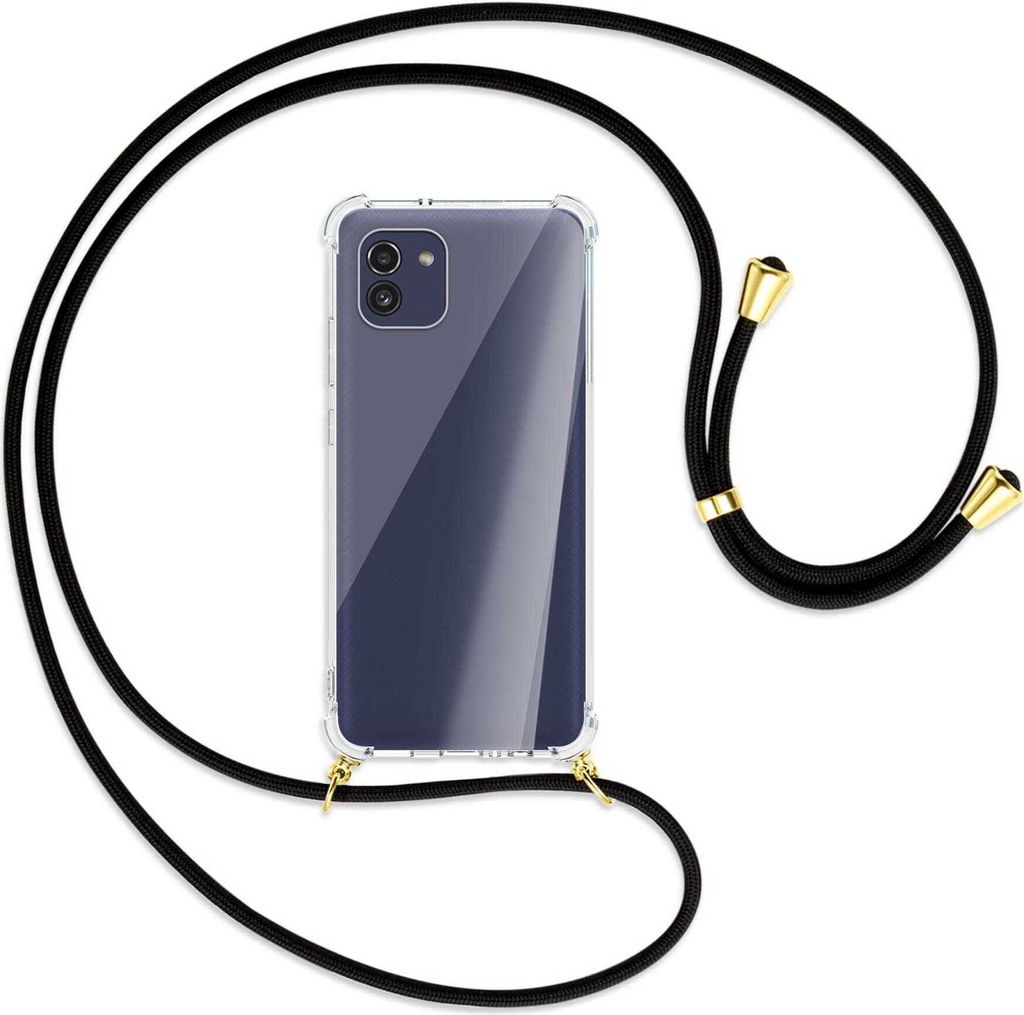 Handykette Backcover-Schutzhülle mit Band (Metall goldfarben) für Samsung Galaxy A03 4G - schwarz