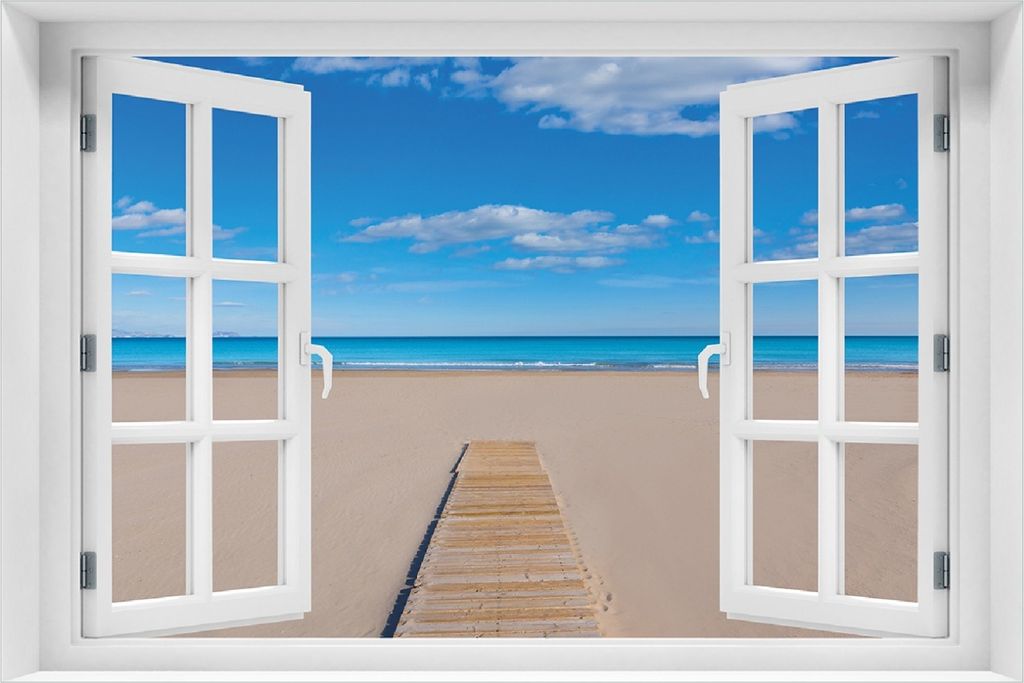 Wallario Poster mit Fenster-Illusion: Auf dem Holzweg zum blauen Meer, Größe: 100 x 150 cm