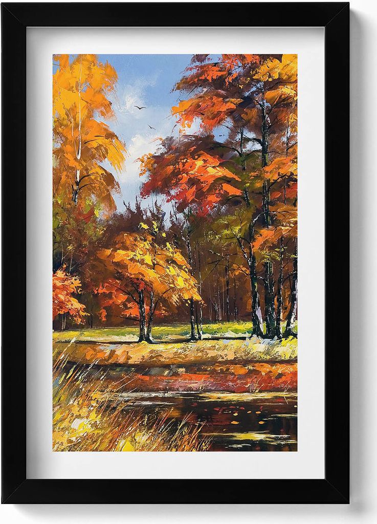 Gemalter Herbst und Fluss– Wandbild mit Rahmen – Gerahmtes Bild – Wanddekoration – 20x30 cm – Schwarz