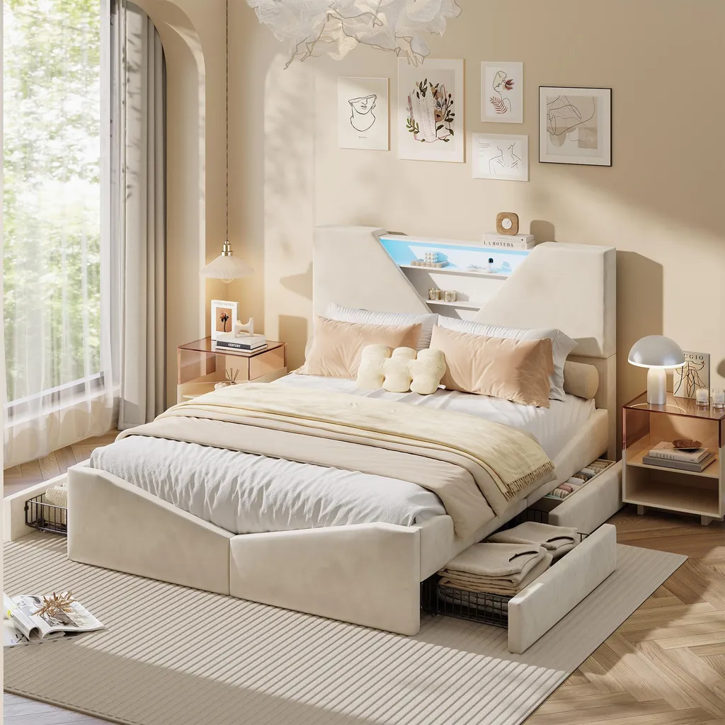 Lit double velours beige 140x190 cm à tête de lit bordeaux géométrique
