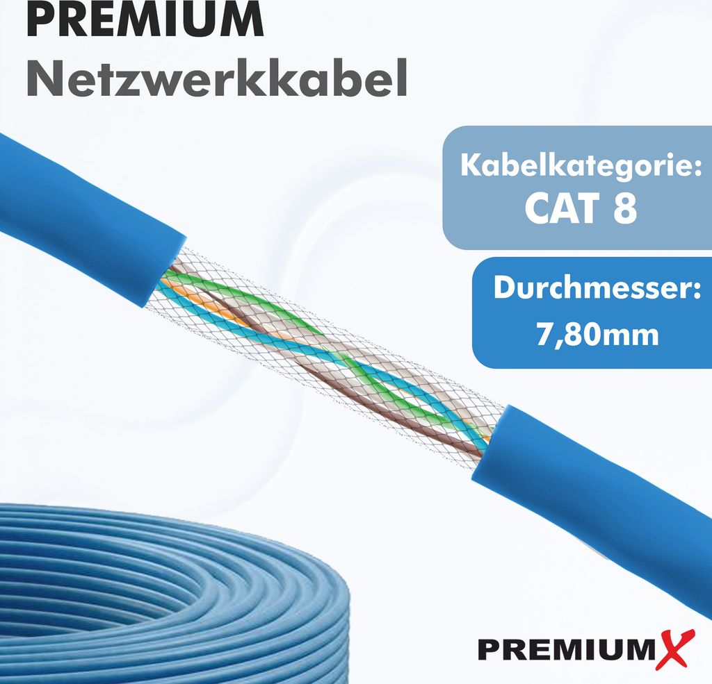 PremiumX 100m CAT 8 Netzwerkkabel Simplex LAN Kabel Ethernet Datenkabel