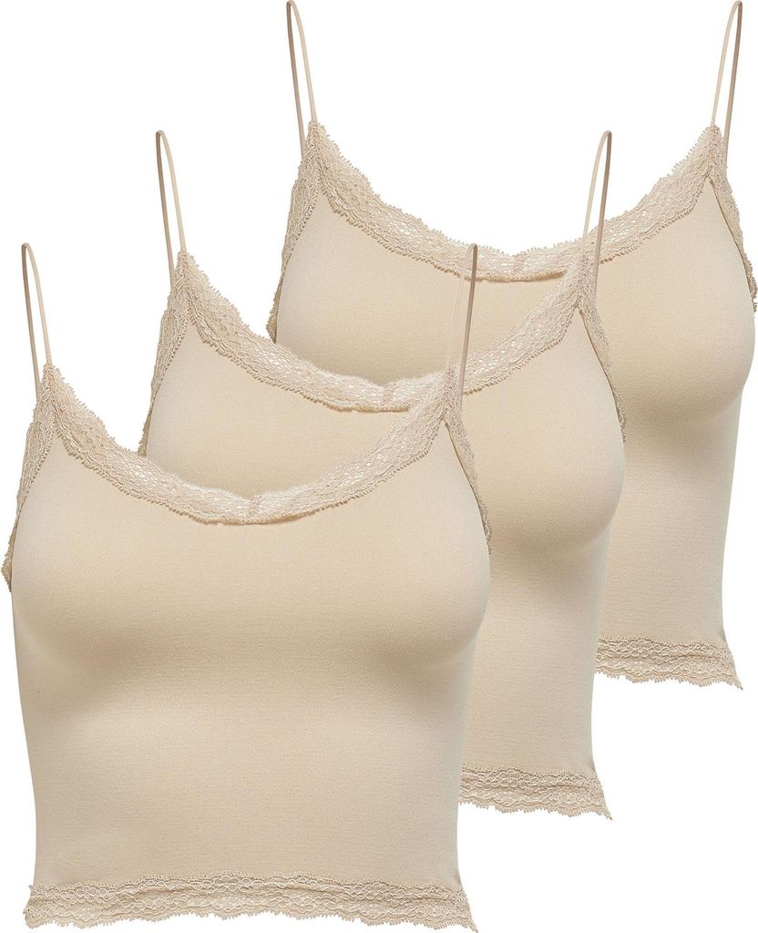 ONLY Damen Cropped-Top 3er Pack - ONLVICKY LACE SEAMLESS CROPPED TOP, Trägertop, Spitze Beige XS/S