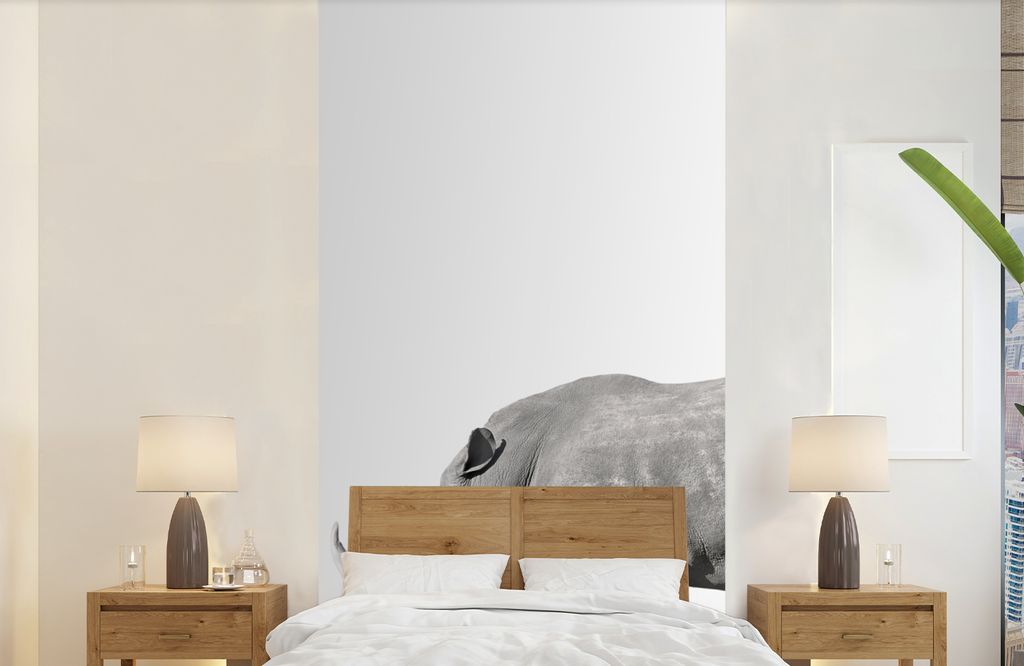 MuchoWow Fototapete für Wohnzimmer oder Schlafzimmer Wandtapete Vinyl Motivtapete Rhinozeros - Tiere - Weiß - 120x240 cm - Hintergrundbild