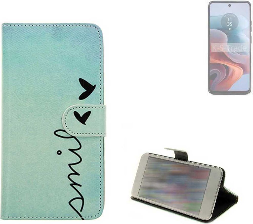 K-S-Trade Schutz Hülle Handy Hülle kompatibel mit Motorola G34 5G Hülle Handyhülle cover bookstyle Etui Handyhülle “smile“ türkis