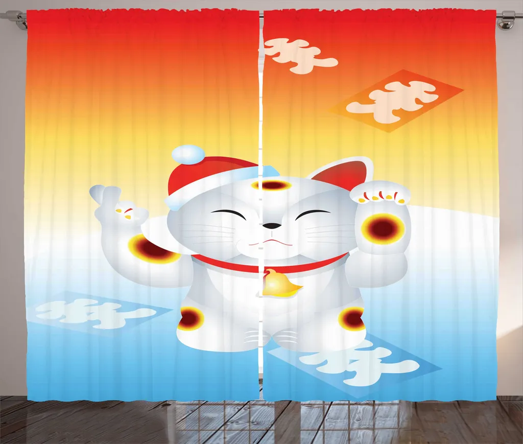 ABAKUHAUS Rideau de Salon Chat Japonais Bleu Vermillon - 280 x 225 cm
