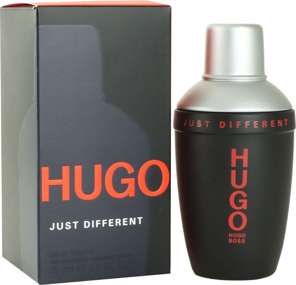 A Hugo Boss Just Different Eau de Toilette spray bottle and its packaging are displayed against a white background.