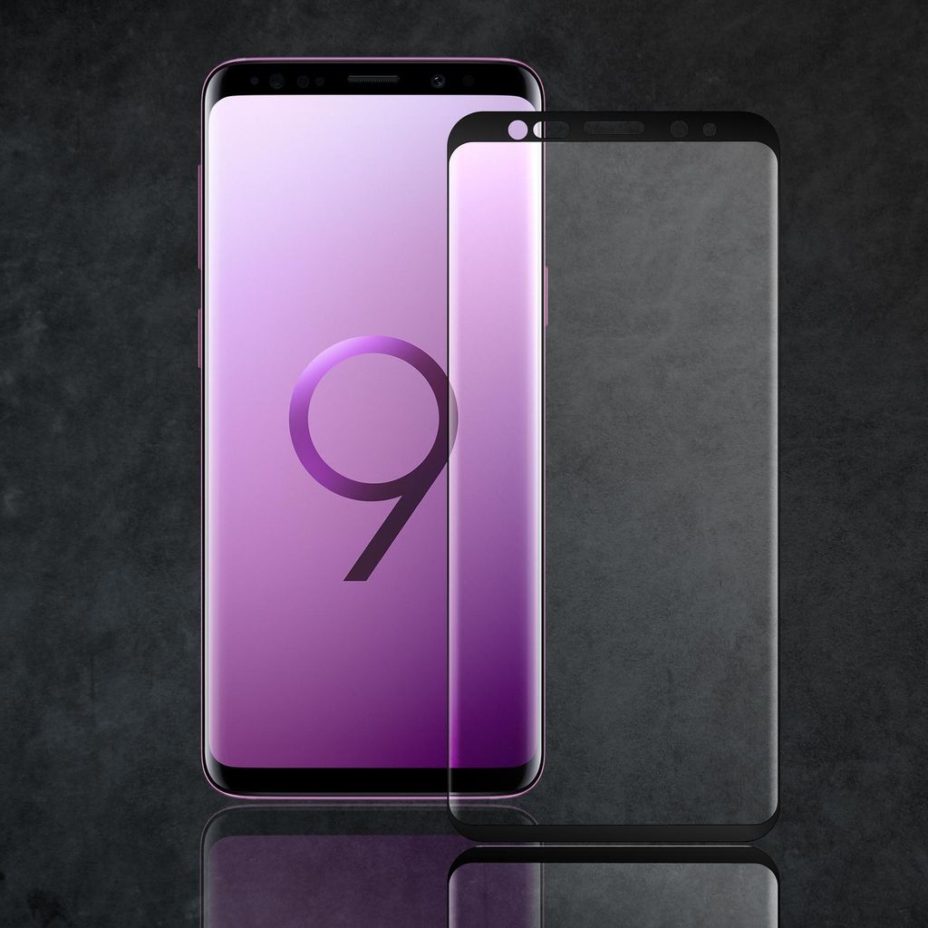 A purple Samsung Galaxy S9 Plus phone is shown next to a black screen protector on a dark, textured background.