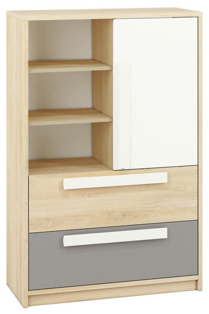 Jugendzimmer - Kommode Greeley 07, Farbe: Buche / Weiß / Platingrau - Abmessungen: 140 x 92 x 40 cm (H x B x T), mit 1 Tür, 2 Schubladen und 6 F...